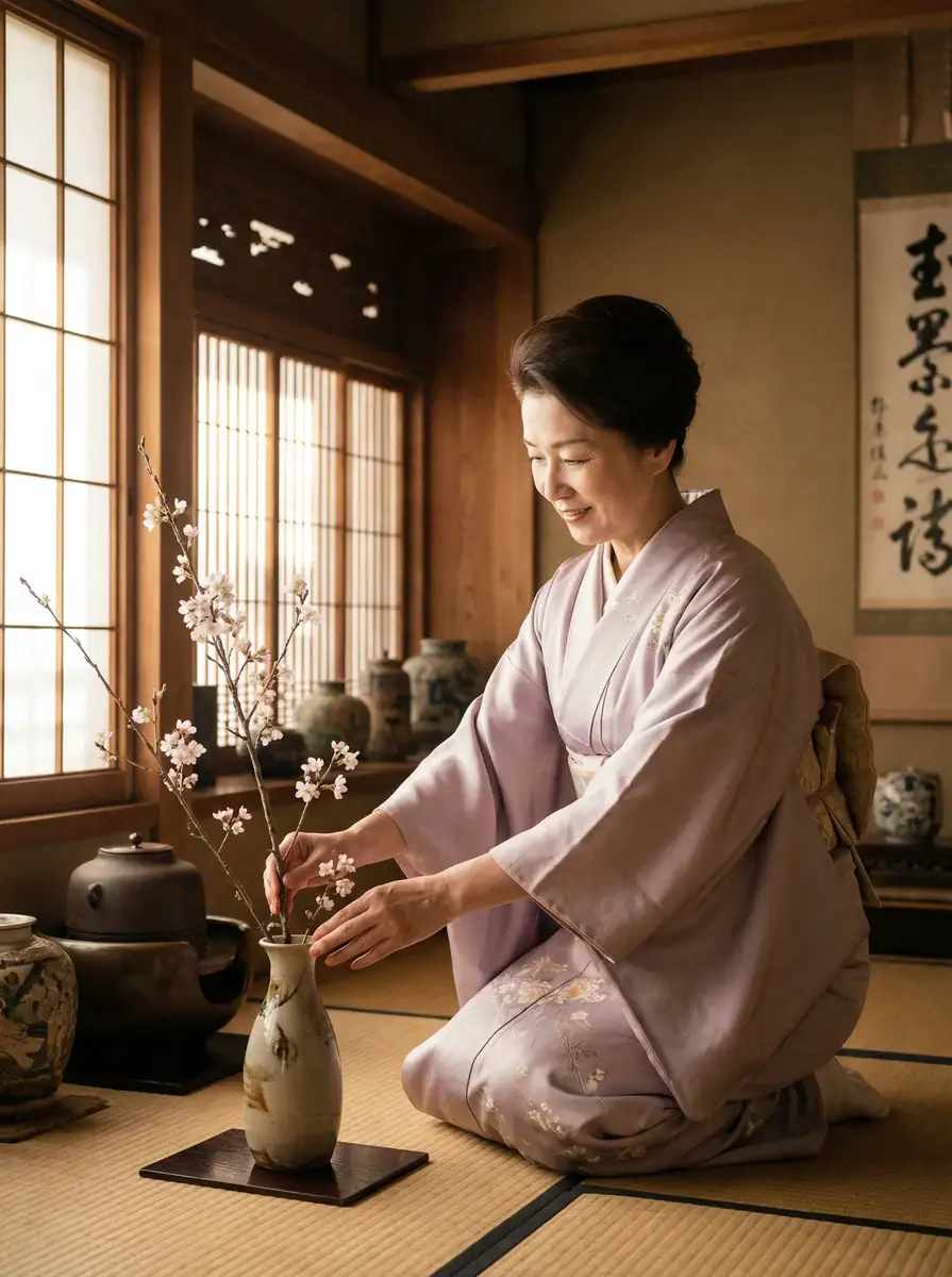 一位优雅的 好博体育平台 在和室中插花